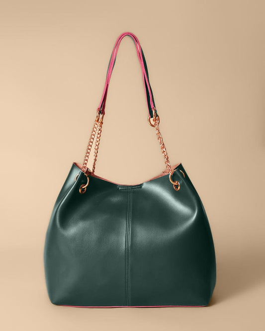 Chain Décor Shoulder Tote Bag (Pine Green)