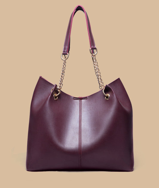 Chain Decor Shoulder Tote Bag (Burgundy)